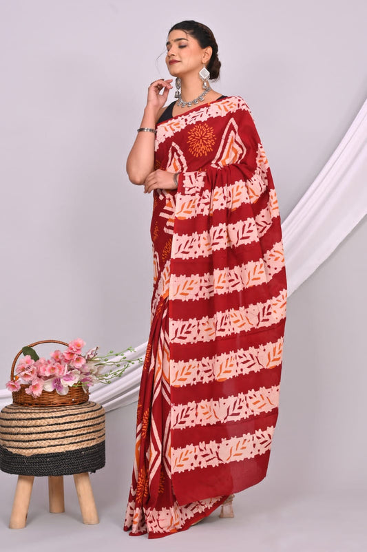 Batik Hand Block Printed Cotton Saree With Blouse Piece - BFSGC89