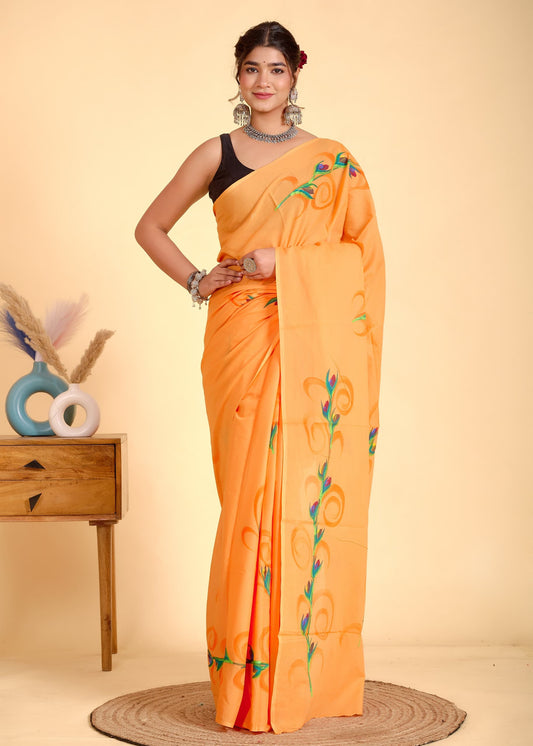 Painted via Hand Brush Cotton Saree With Blouse Piece - BFSGC93