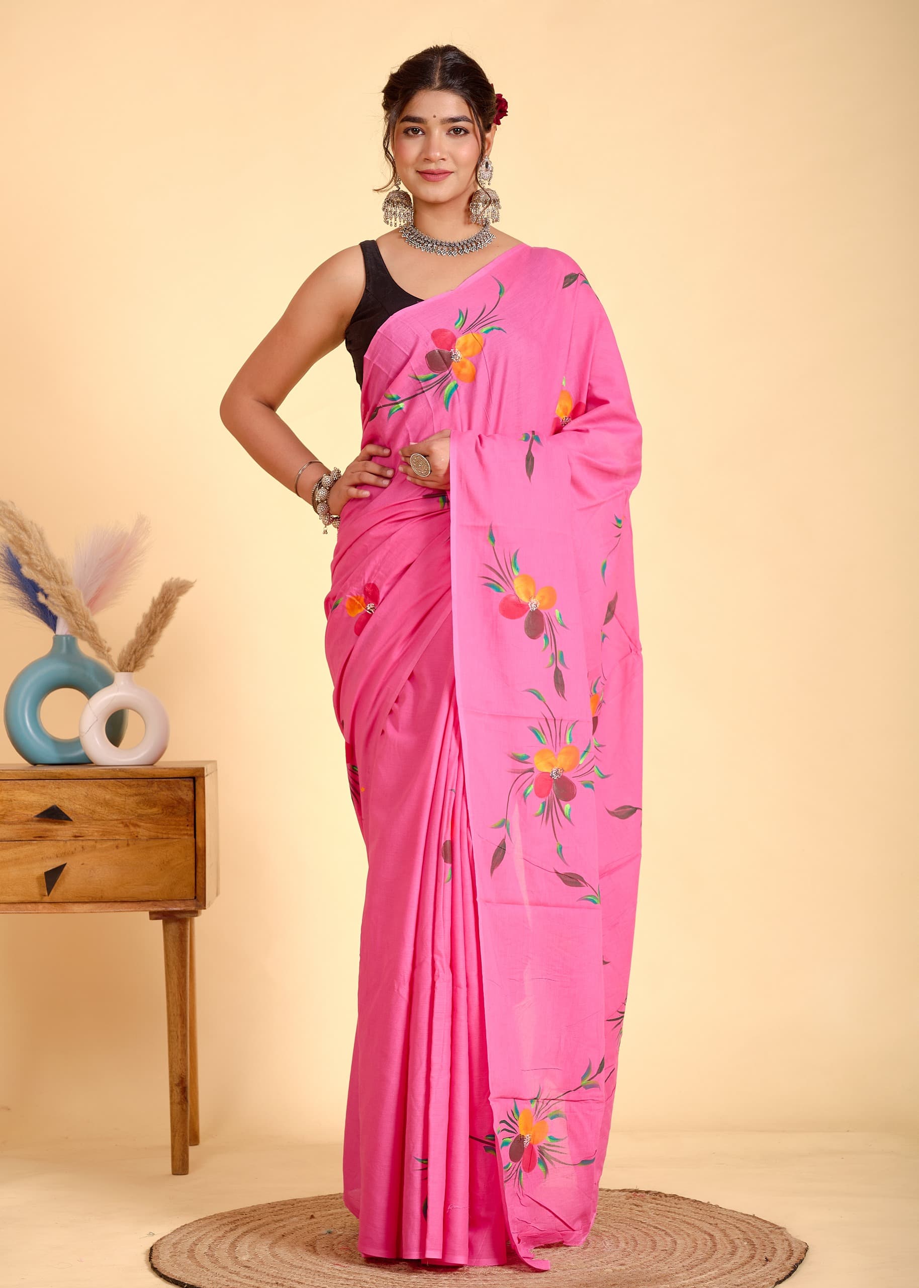 Painted via Hand Brush Cotton Saree With Blouse Piece - BFSGC90