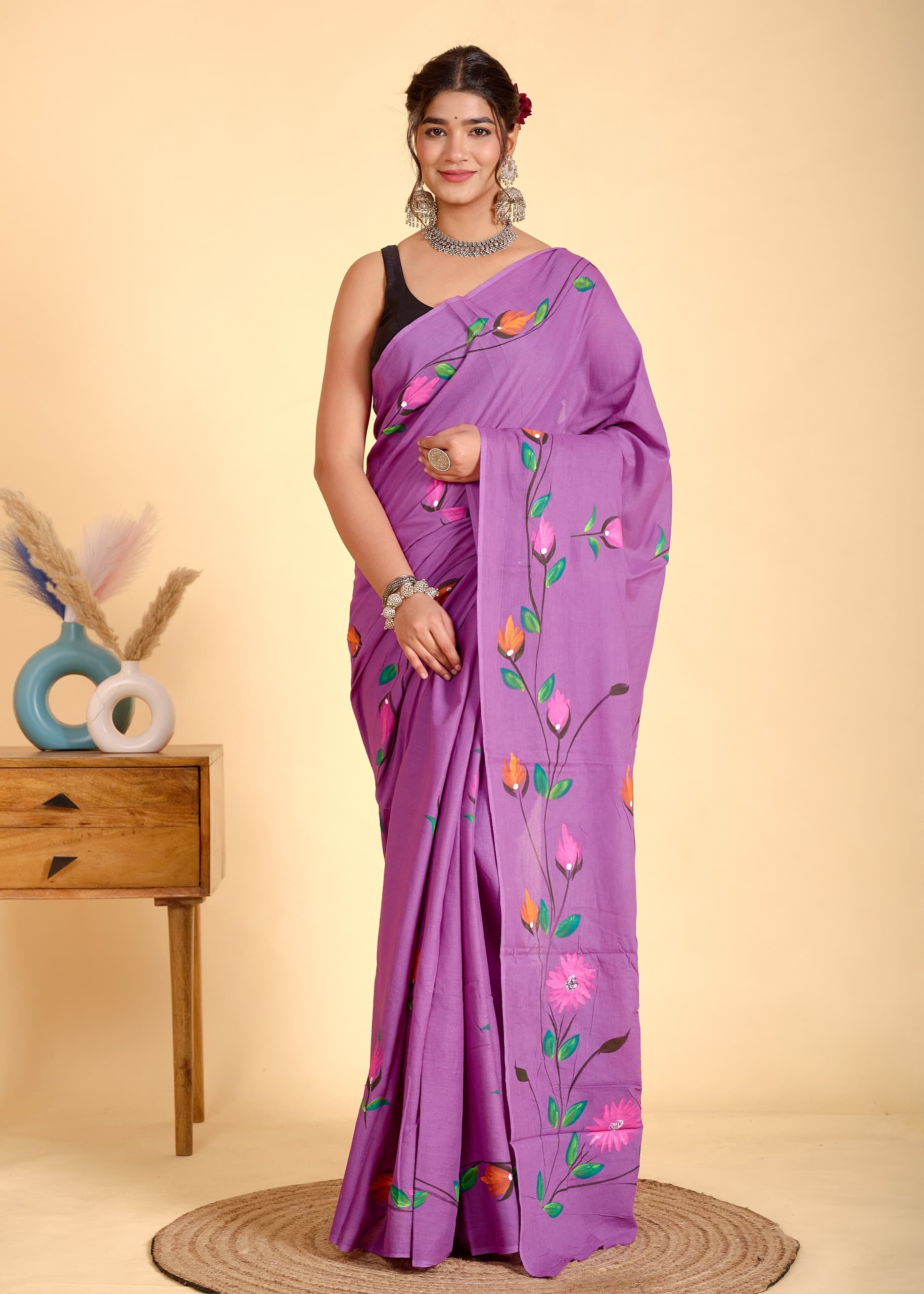 Painted via Hand Brush Cotton Saree With Blouse Piece - BFSGC91