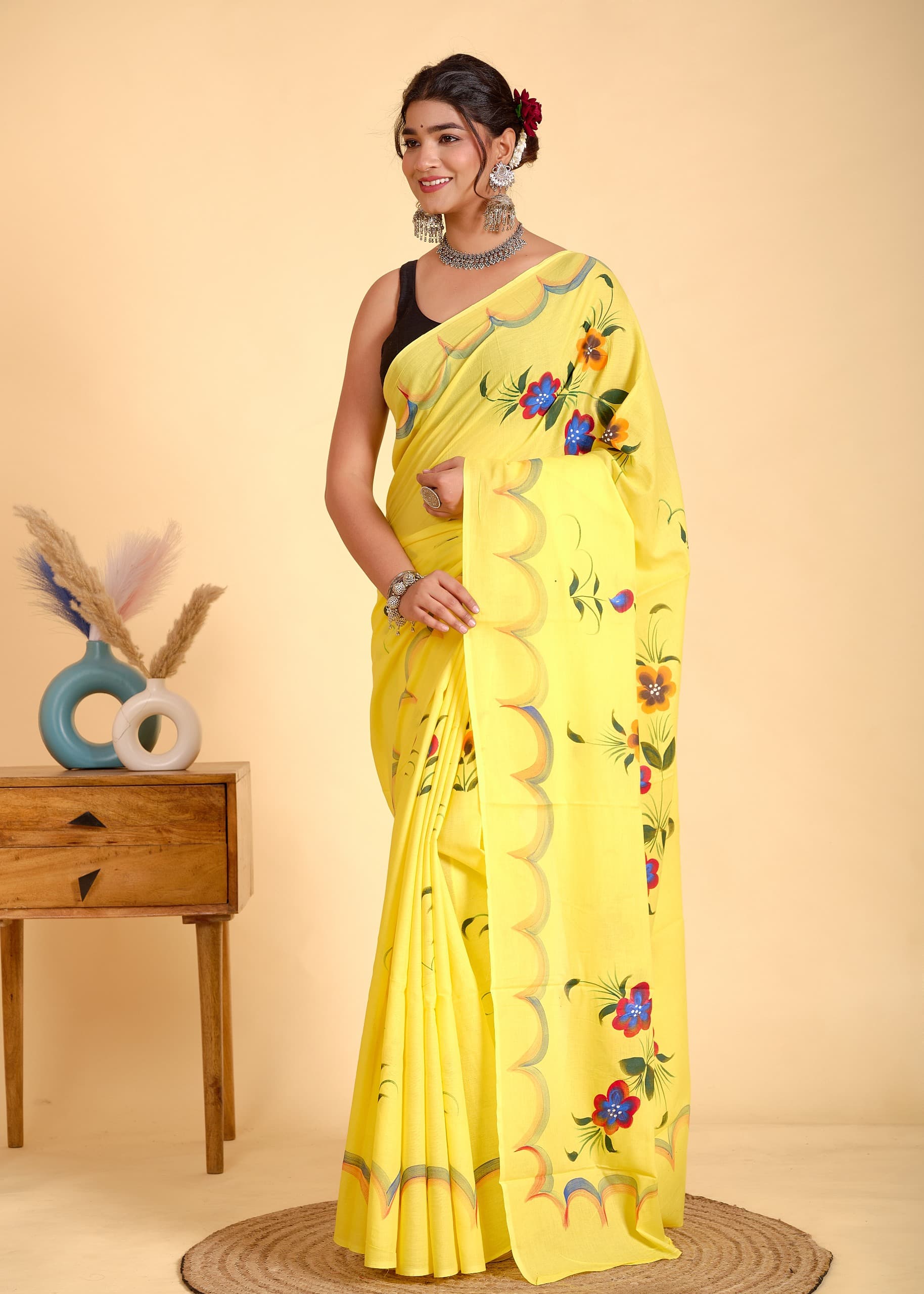 Painted via Hand Brush Cotton Saree With Blouse Piece - BFSGC92