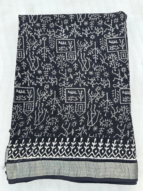 Black & Off-White Kalamkari Hand Block Linen Cotton Saree With Blouse Piece