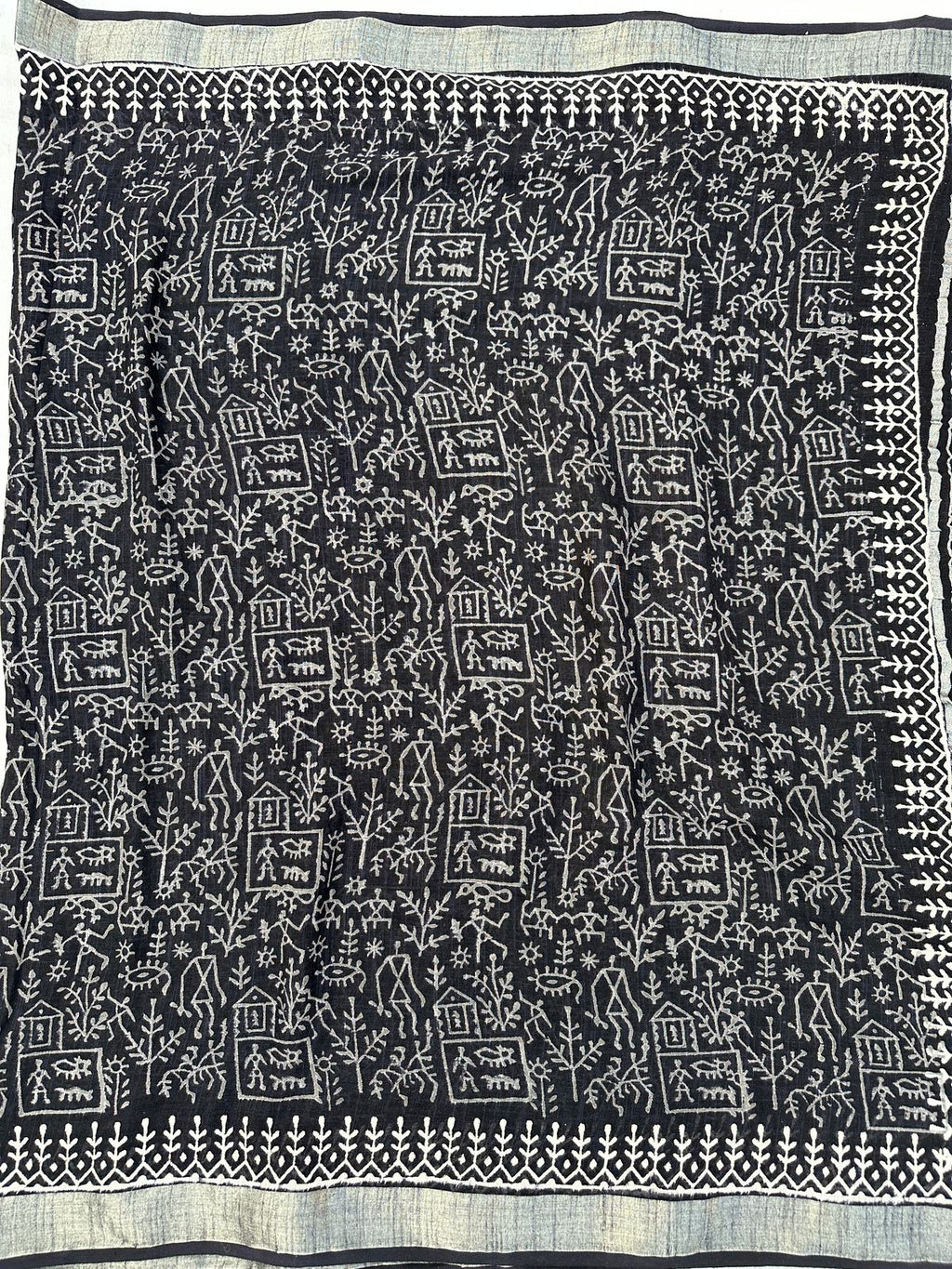 Kalamkari Black Hand Block Linen Cotton Saree With Blouse Piece - BFSGLC100