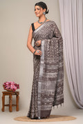 Indgo Dabu Linen Cotton Hand Block Saree With Blouse Piece - BFSGLCA7