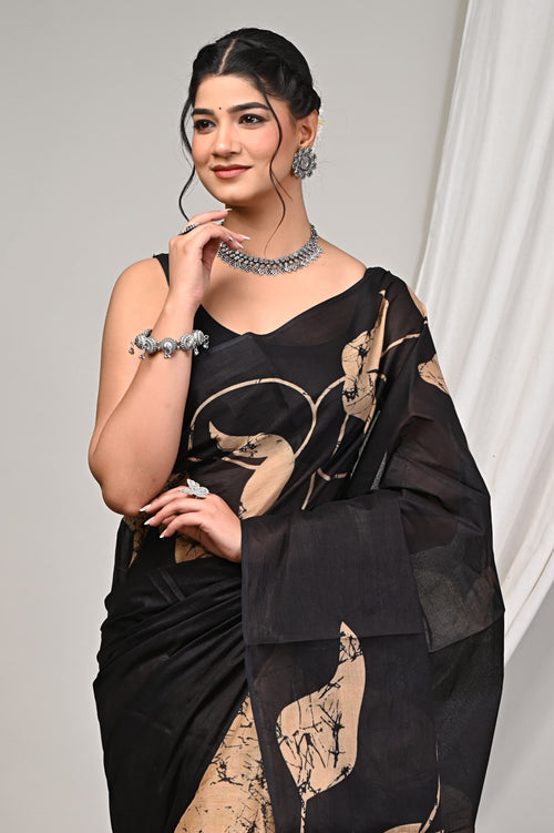 Black & Beige Leaf Motif Bagru Hand Block Print Mul Cotton Saree With Blouse Piece