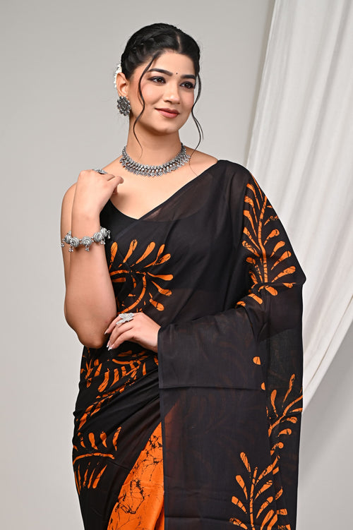 Black & Orange Leaf Motif Bagru Hand Block Print Mul Cotton Saree With Blouse Piece