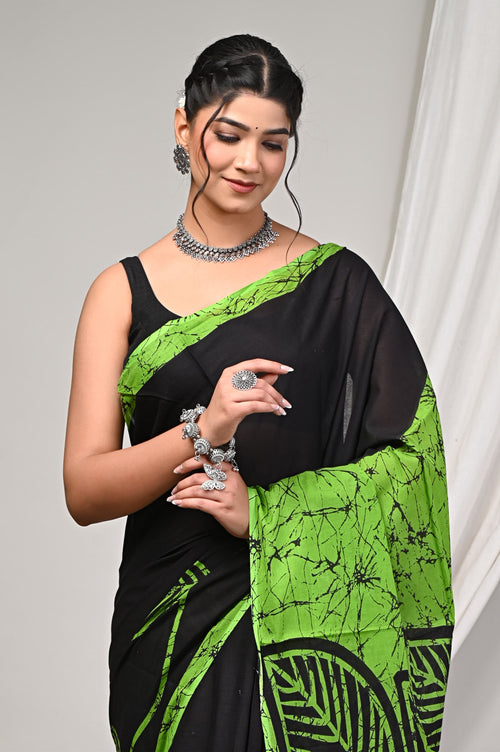 Black & Neon Green Leaf Motif Bagru Hand Block Printed Mul Cotton Saree With Blouse Piece