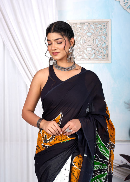Black & Off-White Leaf Motif Bagru Hand Block Print Mul Cotton Saree With Blouse Piece