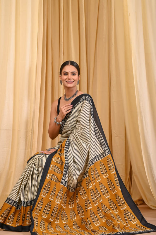 Premium Mul Cotton Hand Block Printed Saree With Blouse Piece - BFSBTC21