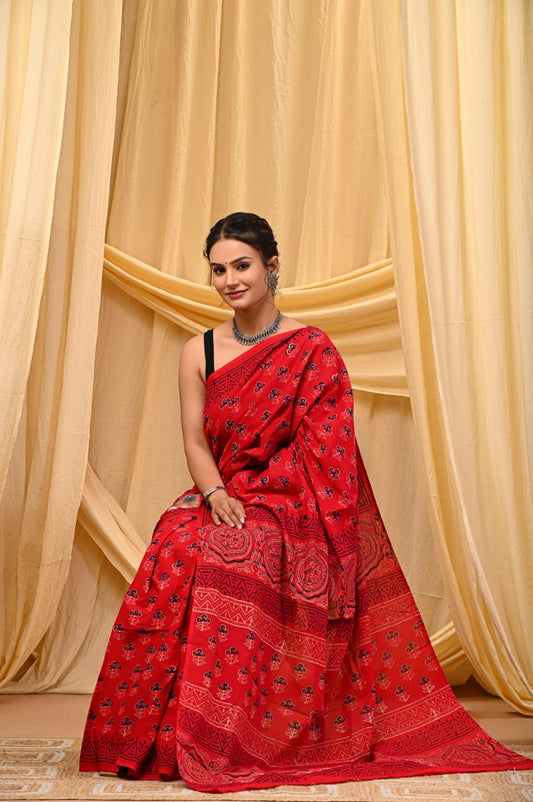 Premium Mul Cotton Hand Block Printed Saree With Blouse Piece - BFSBTC7