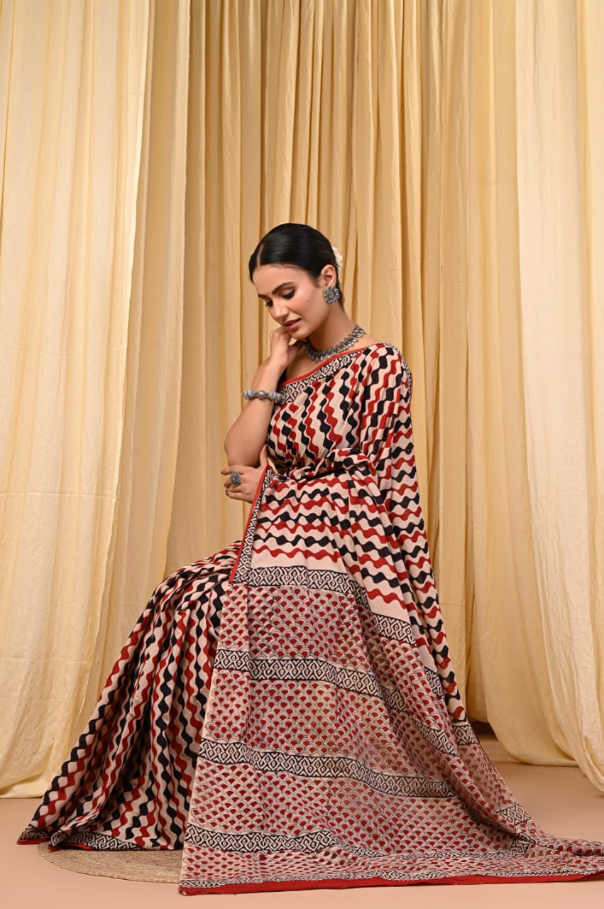 Premium Mul Cotton Hand Block Printed Saree With Blouse Piece - BFSBTC31