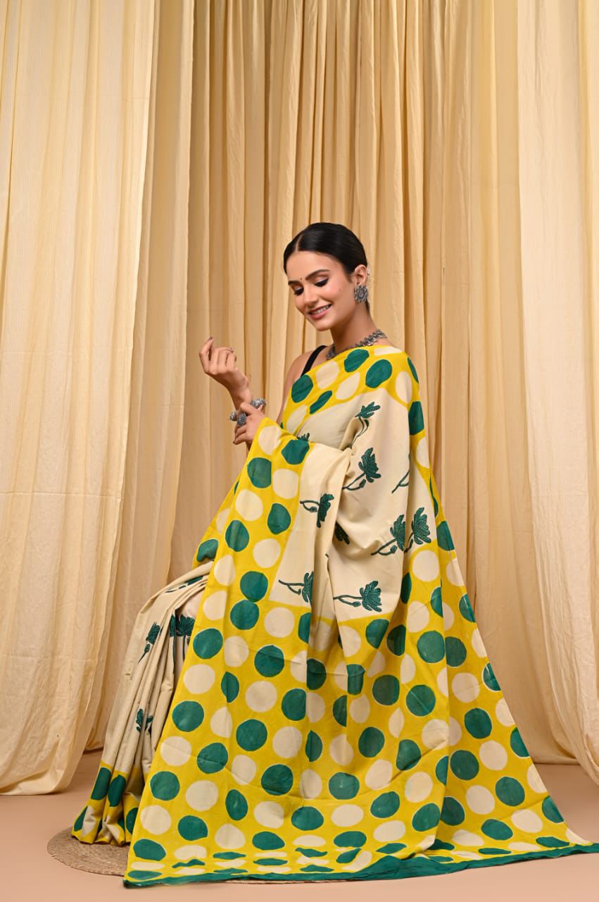 Premium Mul Cotton Hand Block Printed Saree With Blouse Piece - BFSBTC1