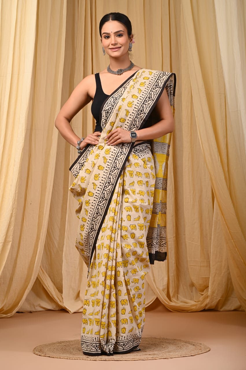 Premium Mul Cotton Hand Block Printed Saree With Blouse Piece - BFSBTC22