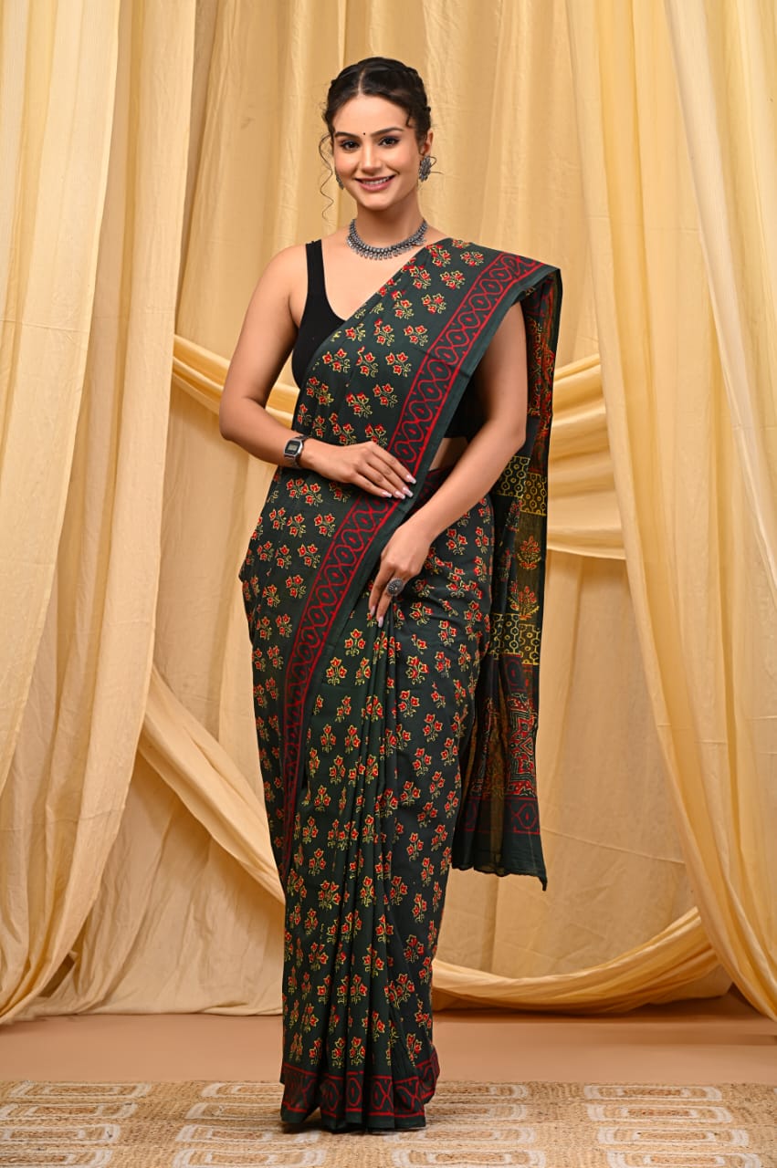 Premium Mul Cotton Hand Block Printed Saree With Blouse Piece - BFSBTC17
