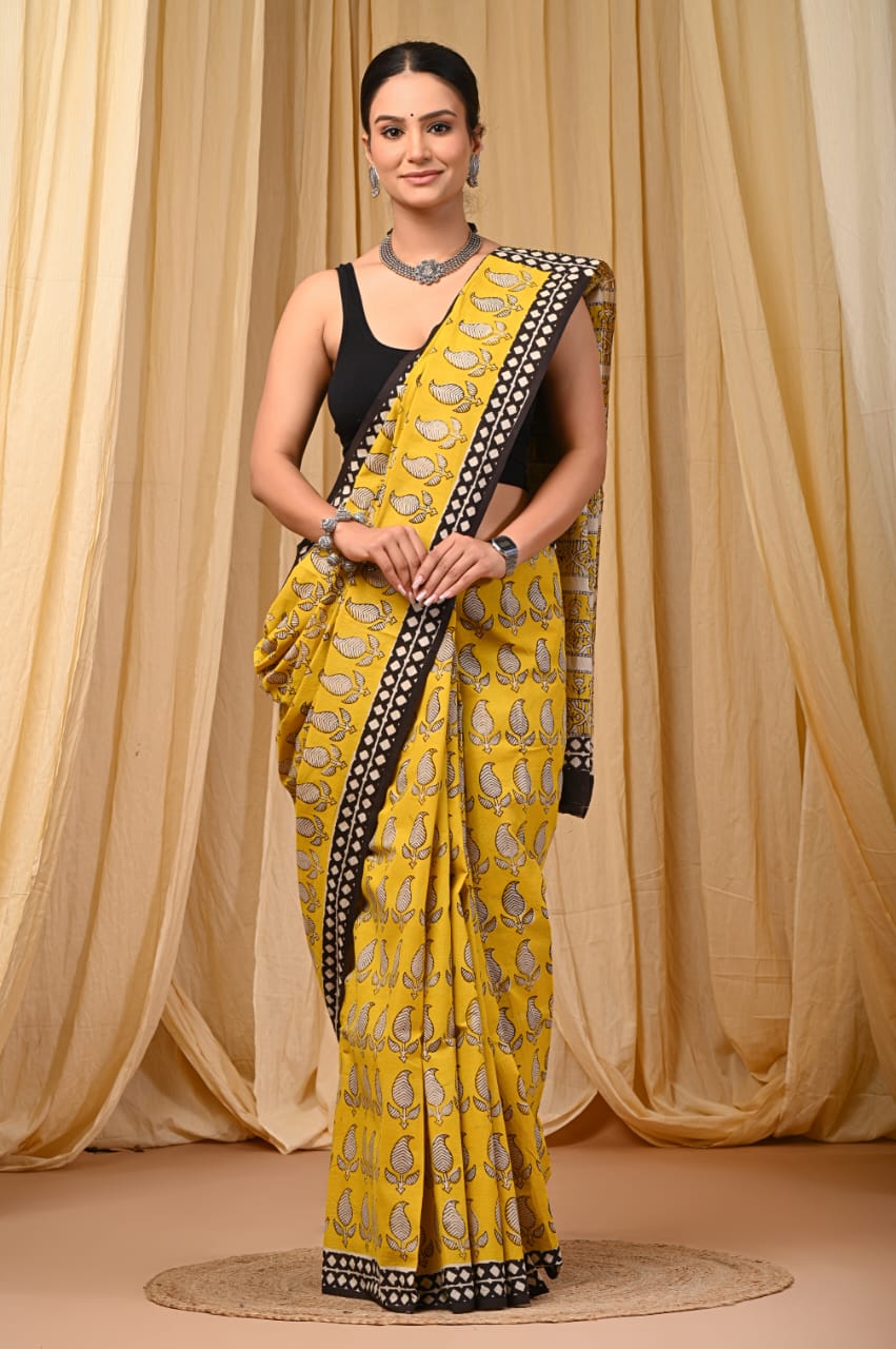 Premium Mul Cotton Hand Block Printed Saree With Blouse Piece - BFSBTC14