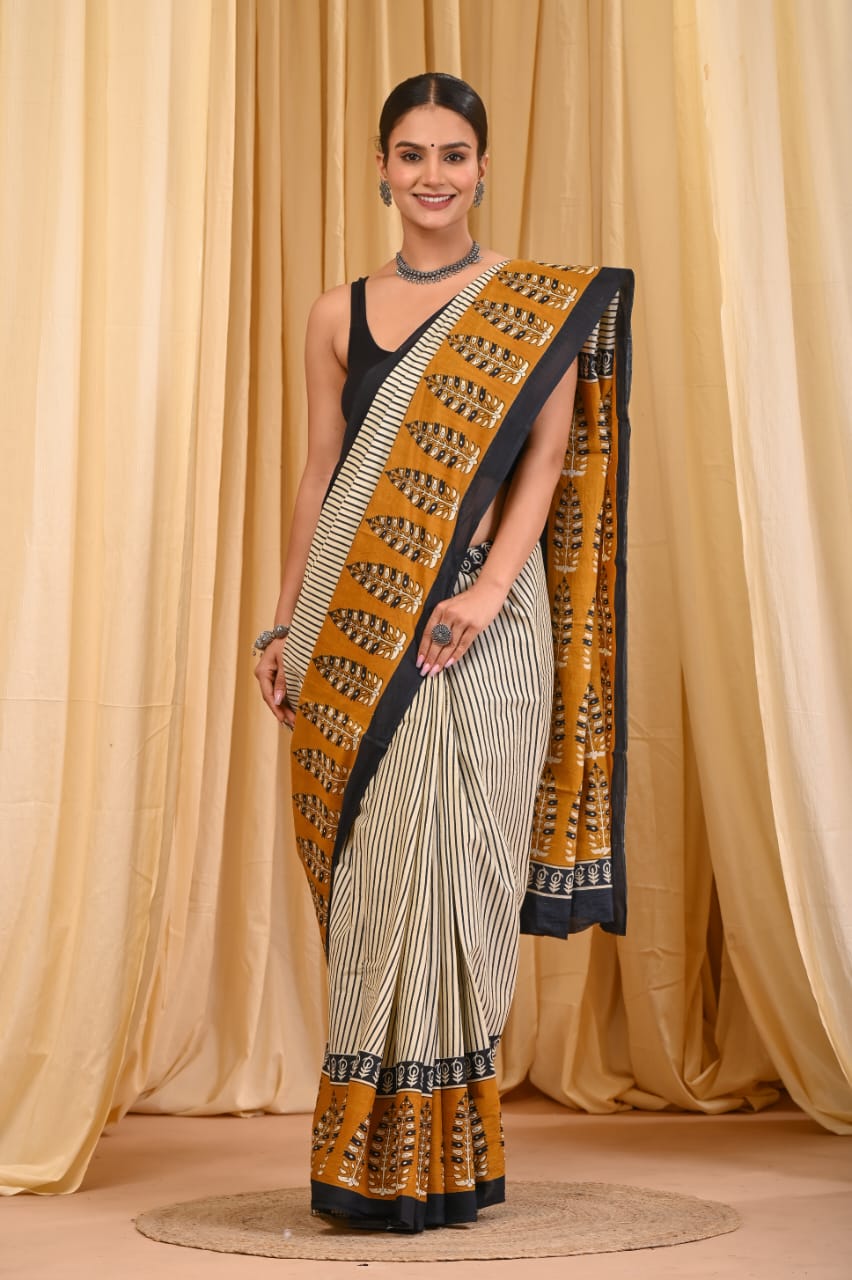 Premium Mul Cotton Hand Block Printed Saree With Blouse Piece - BFSBTC21