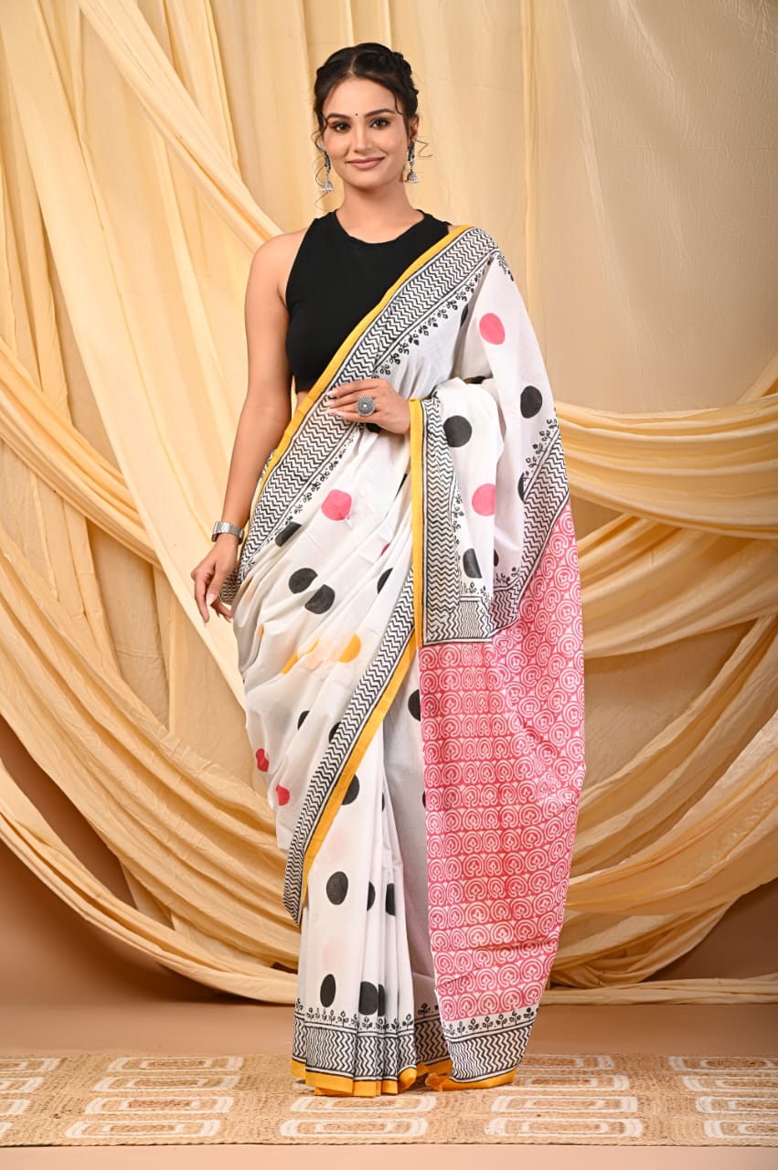 Premium Mul Cotton Hand Block Printed Saree With Blouse Piece - BFSBTC28