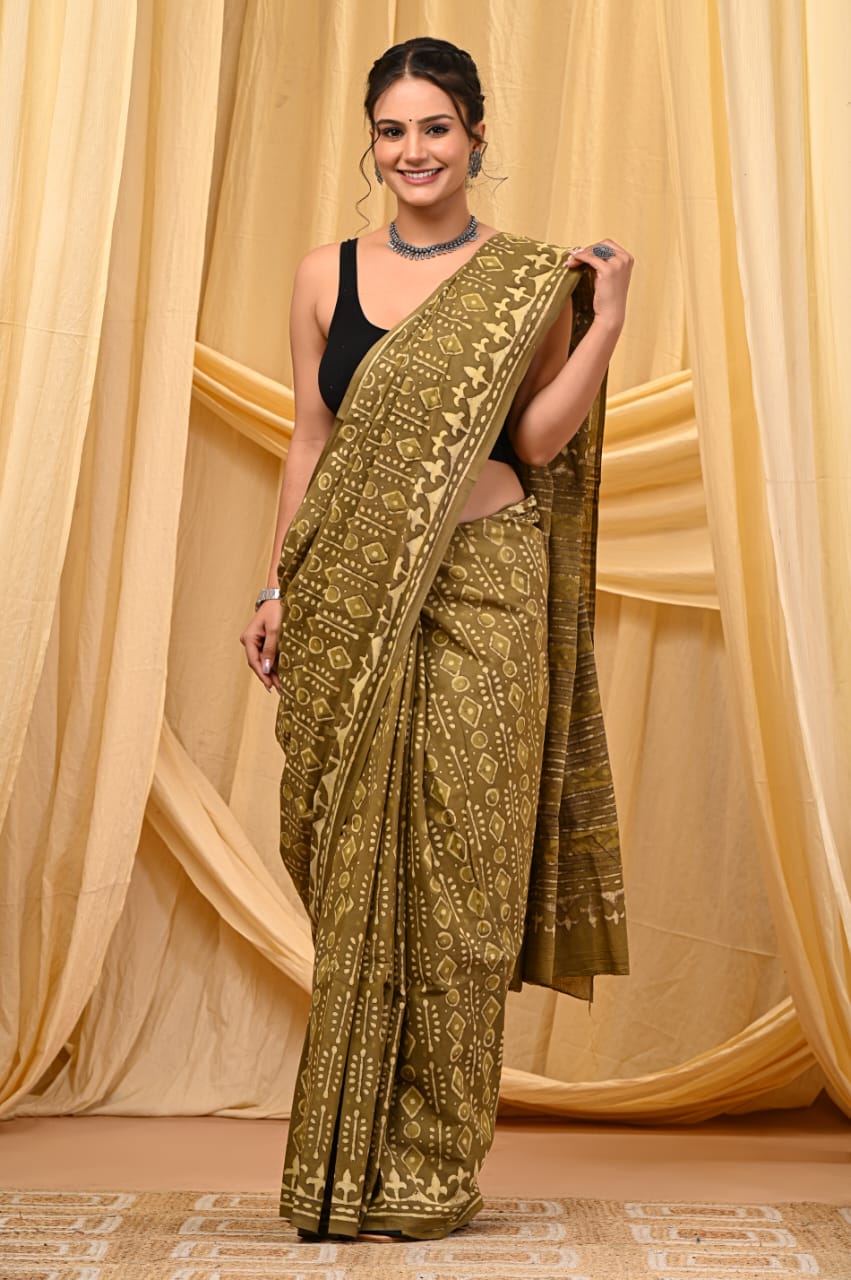 Premium Mul Cotton Hand Block Printed Saree With Blouse Piece - BFSBTC16