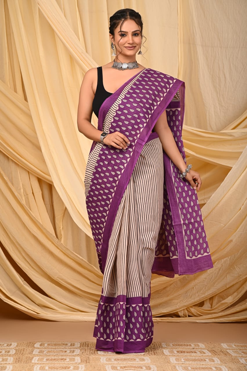 Premium Mul Cotton Hand Block Printed Saree With Blouse Piece - BFSBTC3