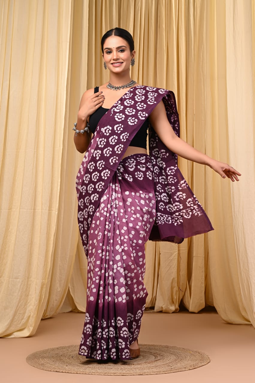Premium Mul Cotton Hand Block Printed Saree With Blouse Piece - BFSBTC34