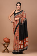 Rust Orange & Black Floral Buti Bagru Hand Block Print Mul Cotton Saree With Blouse Piece