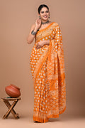 Mustard Yellow & White Floral Buti Bagru Hand Block Print Mul Cotton Saree With Blouse Piece