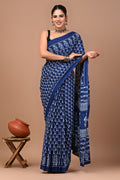Indigo Blue & White Leaf Motif Bagru Hand Block Printed Mul Cotton Saree With Blouse Piece