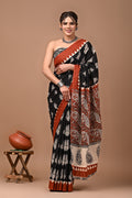 Black & Rust Brown Paisley Motifs Bagru Hand Block Printed Mul Cotton Saree With Blouse Piece