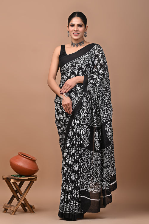 Black & Off-White Geometric Paisley Bagru Hand Block Print Mul Cotton Saree With Blouse Piece