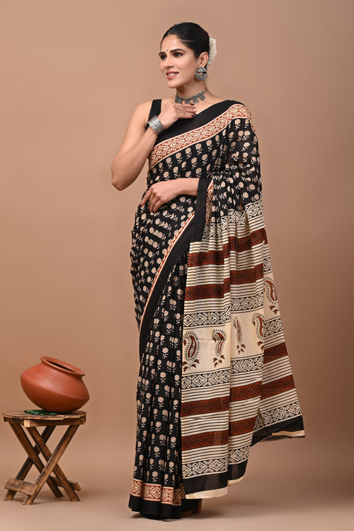 Black & Off-White Floral Buti Bagru Hand Block Print Mul Cotton Saree With Blouse Piece