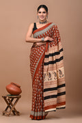 Rust Brown & Off-White Floral Buti Bagru Hand Block Print Mul Cotton Saree With Blouse Piece