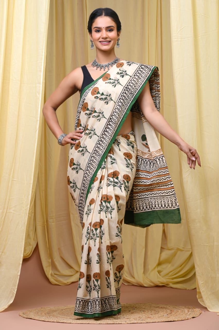 Premium Mul Cotton Hand Block Printed Saree With Blouse Piece - BFSBTC26