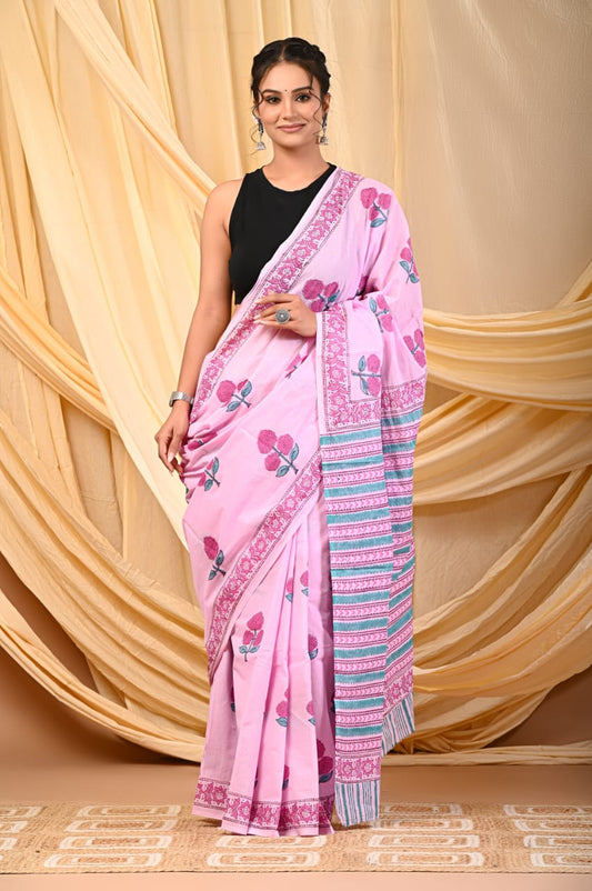 Premium Mul Cotton Hand Block Printed Saree With Blouse Piece - BFSBTC23
