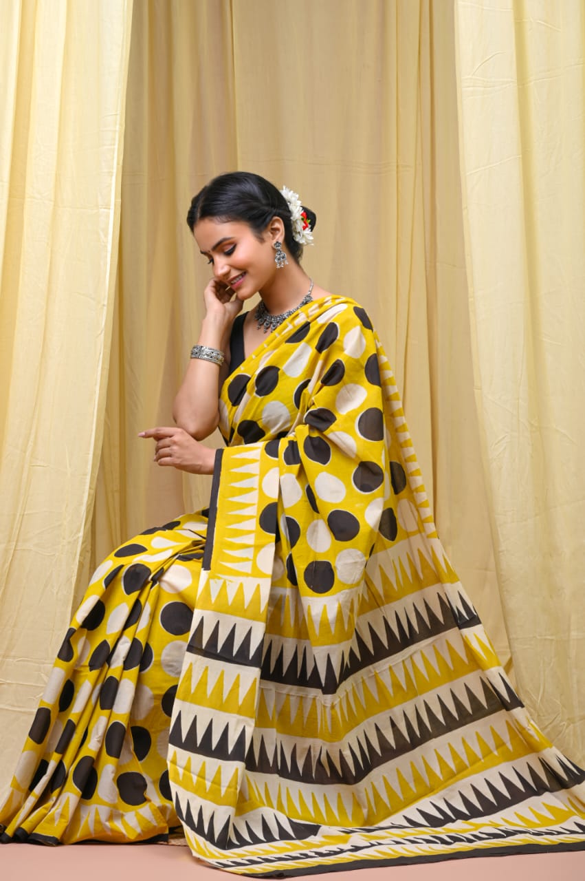 Premium Mul Cotton Hand Block Printed Saree With Blouse Piece - BFSBTC5