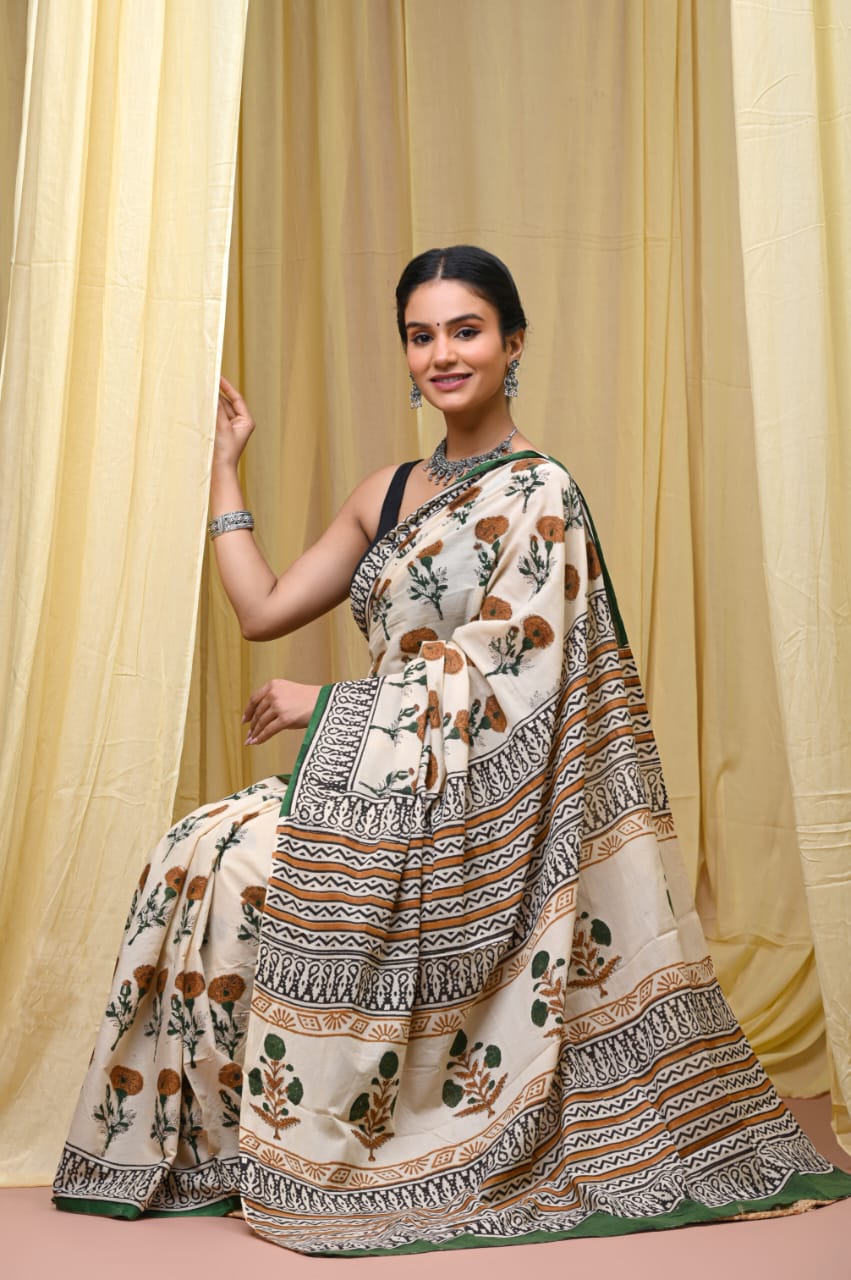 Premium Mul Cotton Hand Block Printed Saree With Blouse Piece - BFSBTC26