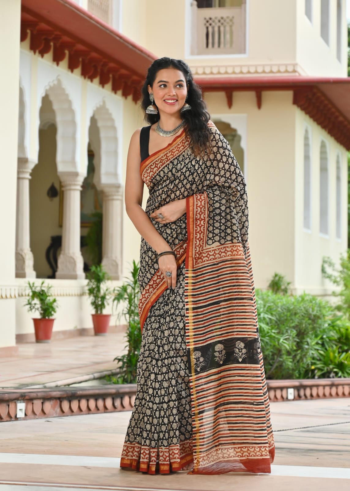 Chanderi Silk Block Printed Saree With Blouse Piece - BFSCSA5
