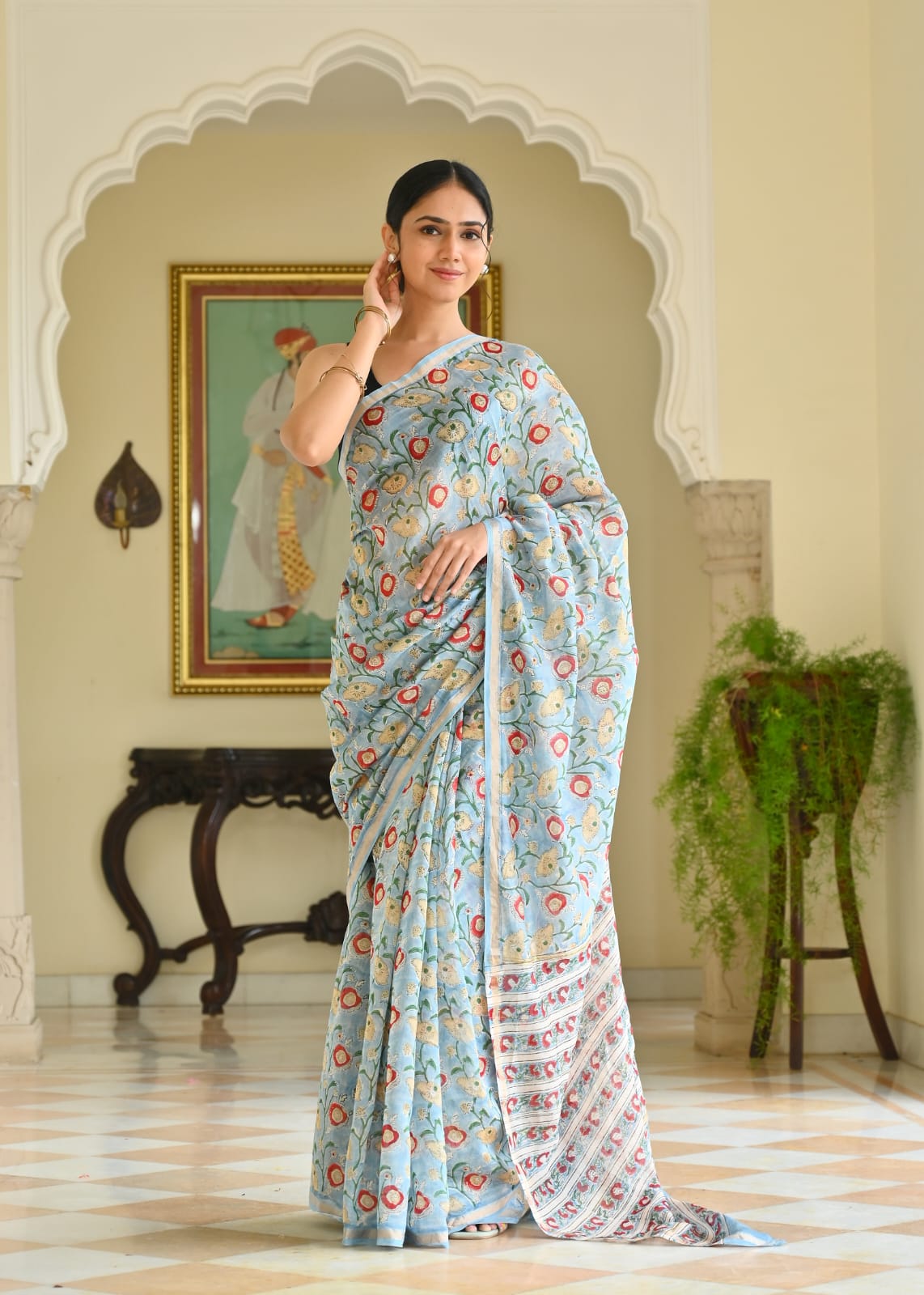Chanderi Silk Block Printed Saree With Blouse Piece - BFSCSA3