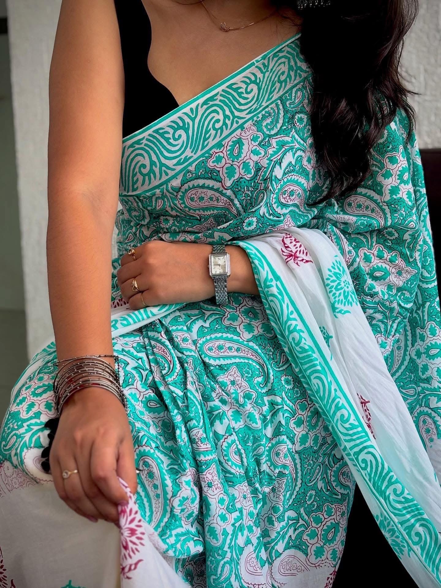 Premium Mul Cotton Hand Block Printed Saree With Blouse Piece - BFSBTC24