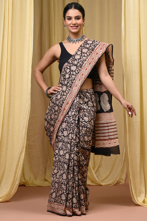 Black & Beige Floral Jaal Bagru Hand Block Printed Mul Cotton Saree With Blouse Piece