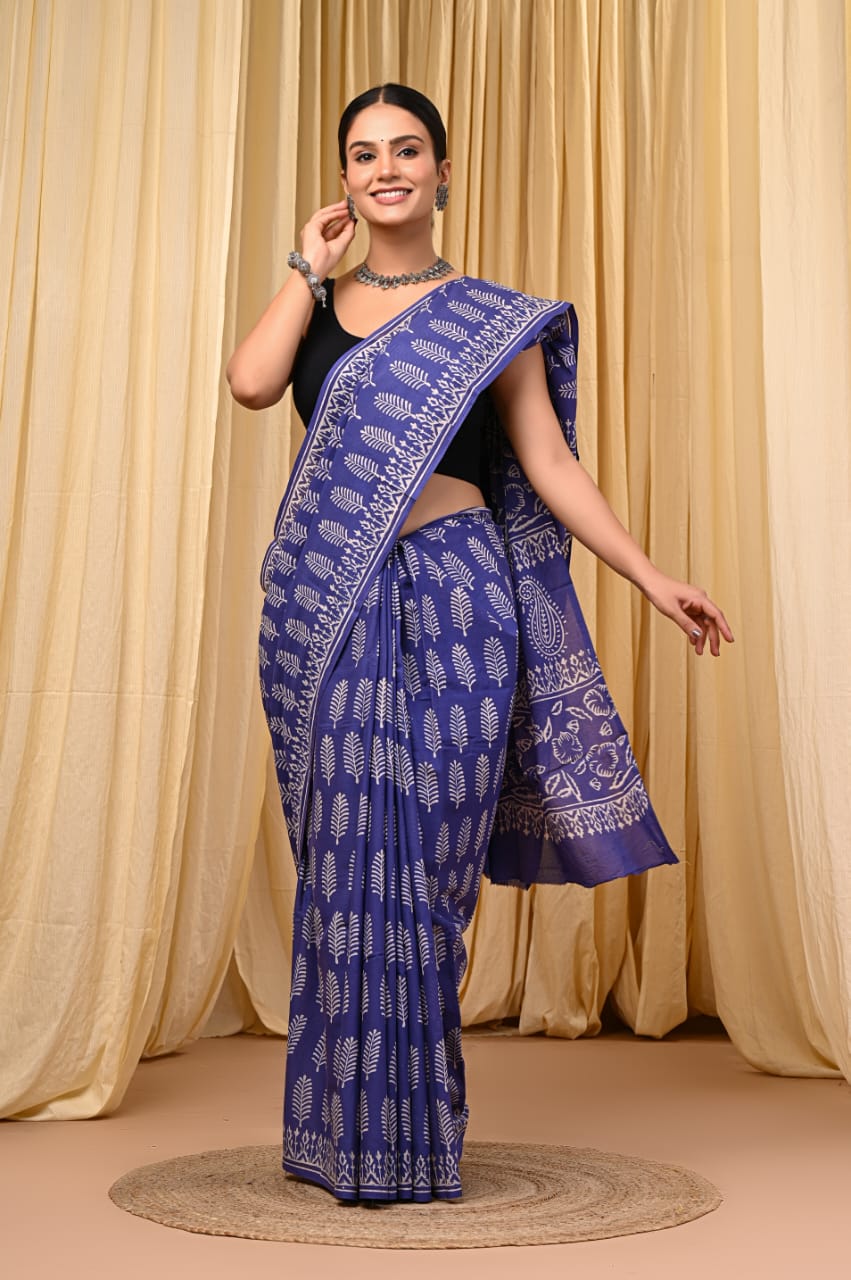 Premium Mul Cotton Hand Block Printed Saree With Blouse Piece - BFSBTC57