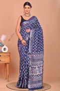 Indigo Hand Block Printed Saree In Linen Cotton With Blouse Piece - BFSGLC65