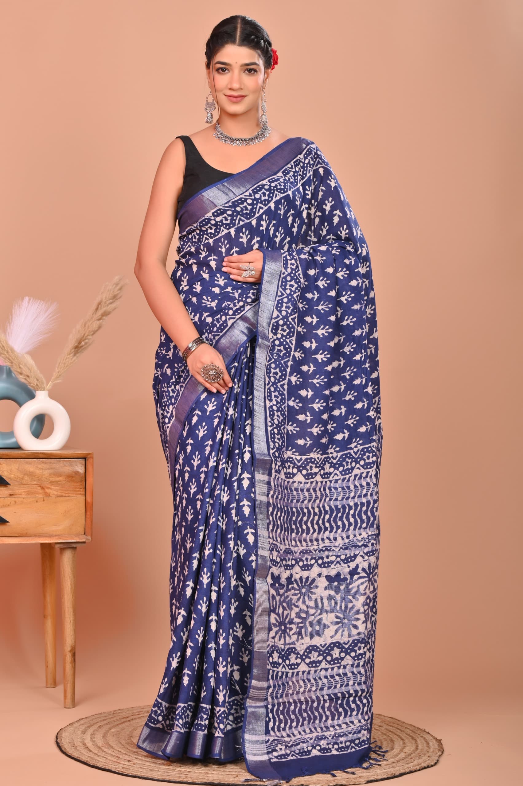 Indigo Hand Block Printed Saree In Linen Cotton With Blouse Piece - BFSGLC65