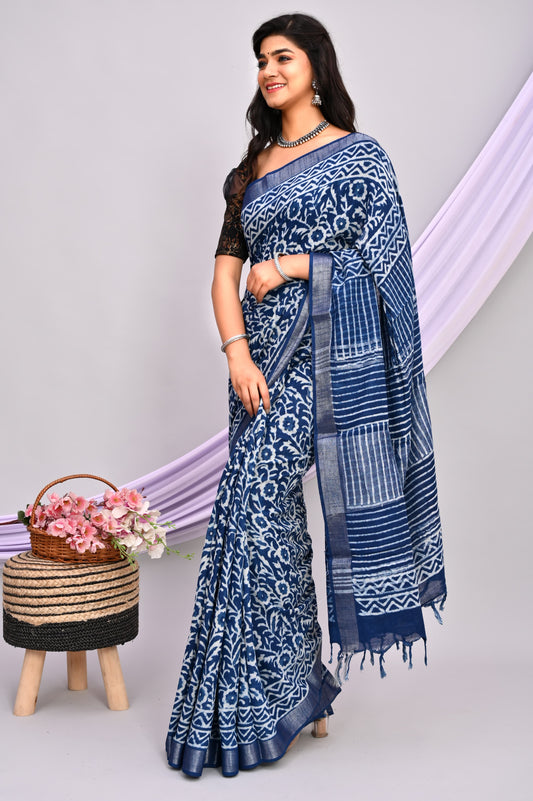 Indigo Hand Block Printed Saree In Linen Cotton With Blouse Piece - BFSGLC66