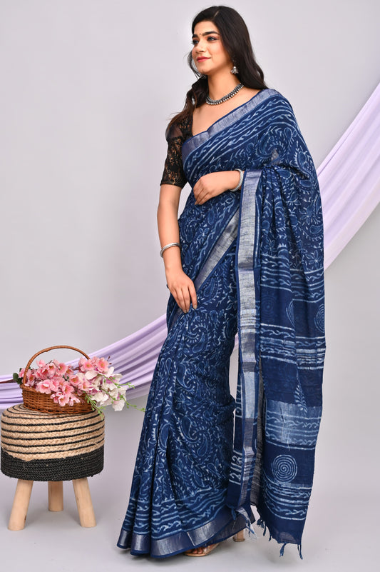 Indigo Hand Block Printed Saree In Linen Cotton With Blouse Piece - BFSGLC67