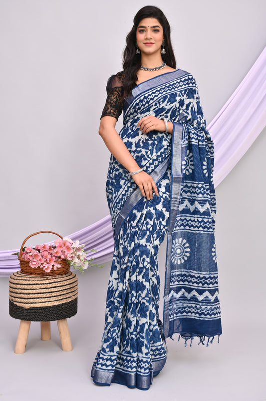 Indigo Hand Block Printed Saree In Linen Cotton With Blouse Piece - BFSGLC68