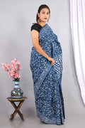 Indigo Blue & White Geometric Motif Bagru Hand Block Printed Mul Cotton Saree With Blouse Piece