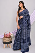 Indigo Blue & White Floral Jaal Bagru Hand Block Printed Mul Cotton Saree With Blouse Piece
