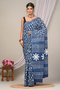 Indigo Blue & Off-White Floral And Geometric Bagru Hand Block Printed Mul Cotton Saree With Blouse Piece
