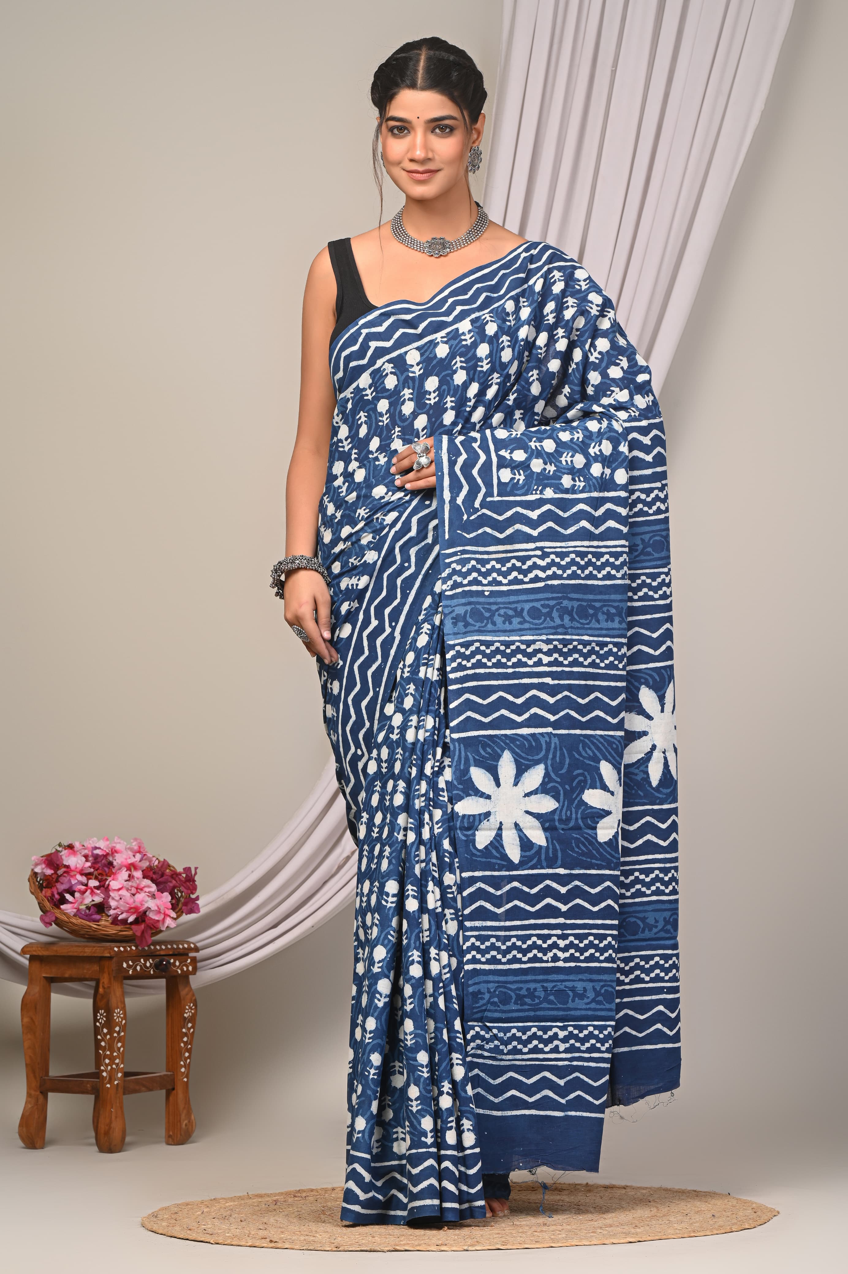 Indigo Dabu Hand Block Printed Cotton Saree With Blouse Piece - BFSGC59