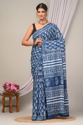 Indigo Blue & White Leaf Motif Bagru Hand Block Printed Mul Cotton Saree With Blouse Piece
